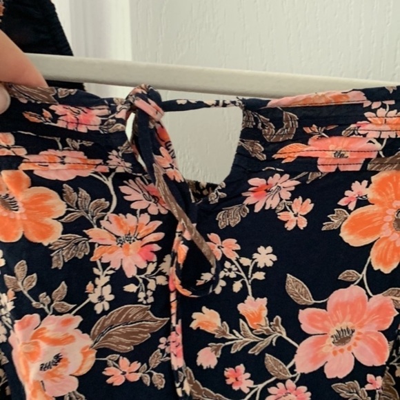 Old Navy dress size S floral puffy sleeves navy orange smoked back tie front - Picture 6 of 8